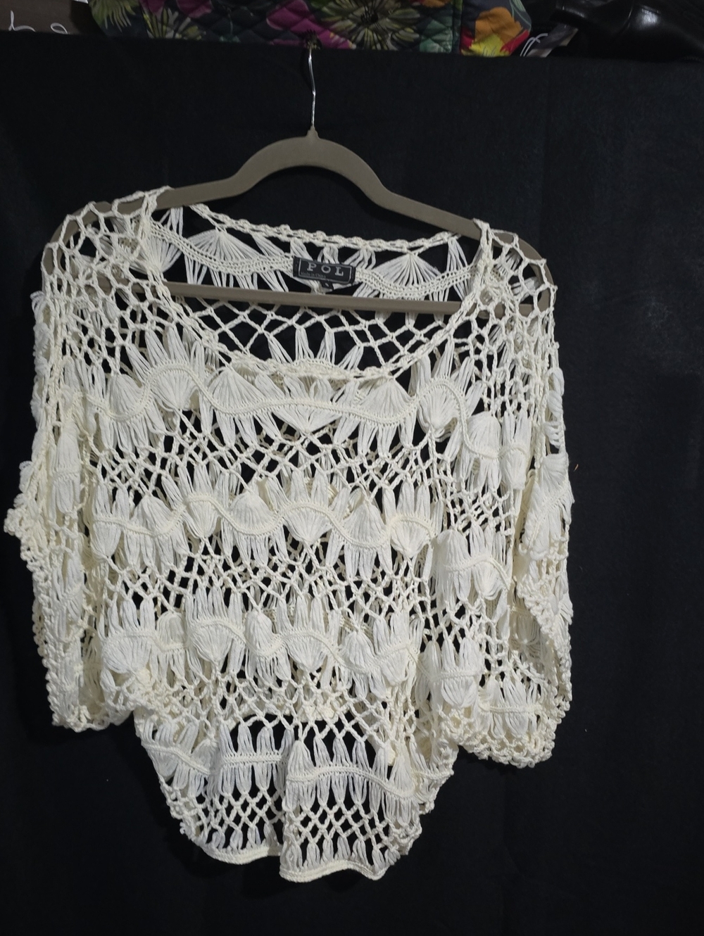 POL Cream Crochet Openwork Poncho